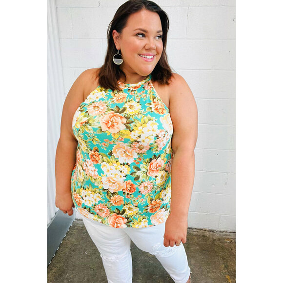 Seafoam Green Floral Halter Neck Tank Top - Picture 1 of 15